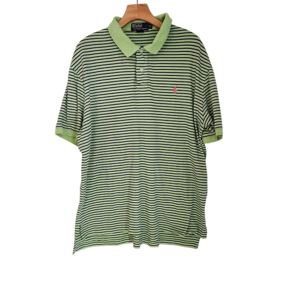 Polo Ralph Lauren Polo Shirt Green Blue‎ Striped Short Sleeve Pony XL Golf EUC
